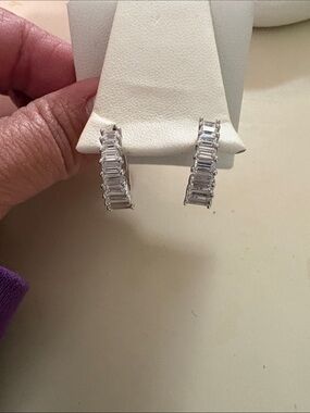 Silver Baguette Hoop Earrings - Sparkling CZ Hoop Earrings